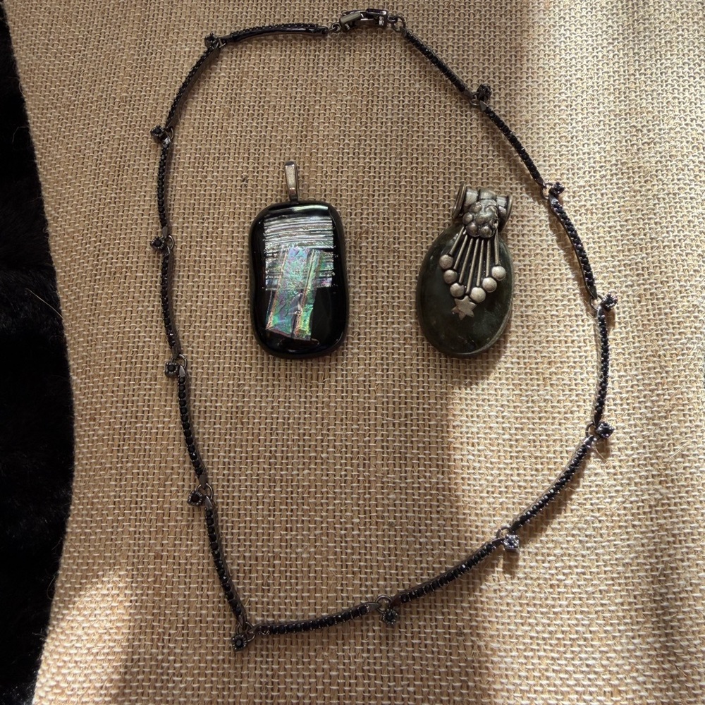 Black Rhinestone “Monet” Necklace, 1 Tribal? Pendant & 1 Unique Dichroic Pendant